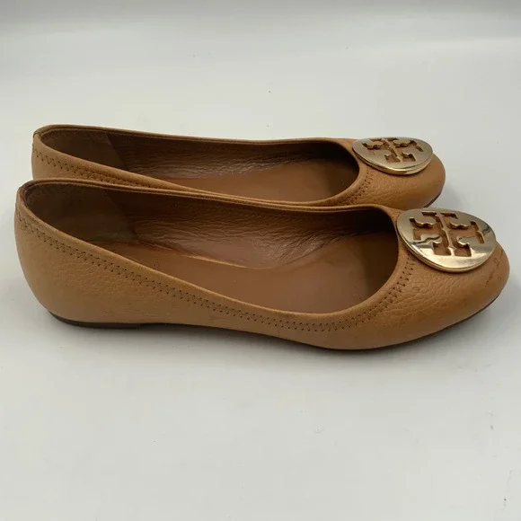 Tory Burch Tan Leather Ballet Flats with Gold Logo Medallion - Classic - Picture 3 of 9